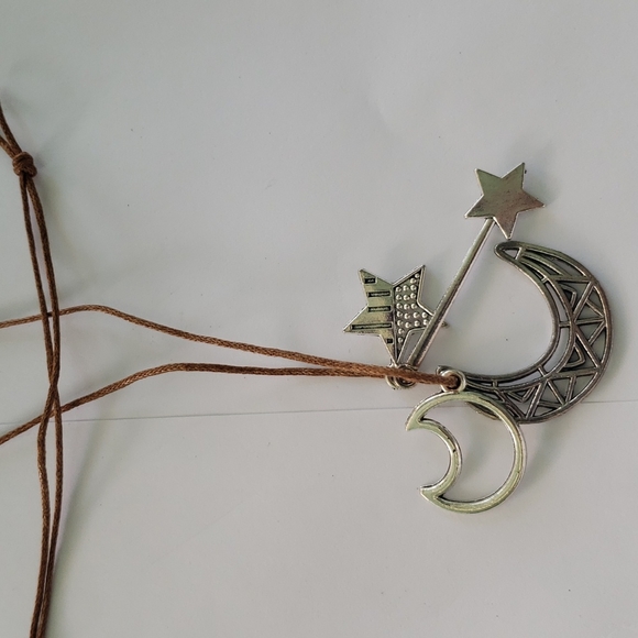 BoHO Silver moon and stars necklace 20in brown - Picture 2 of 3